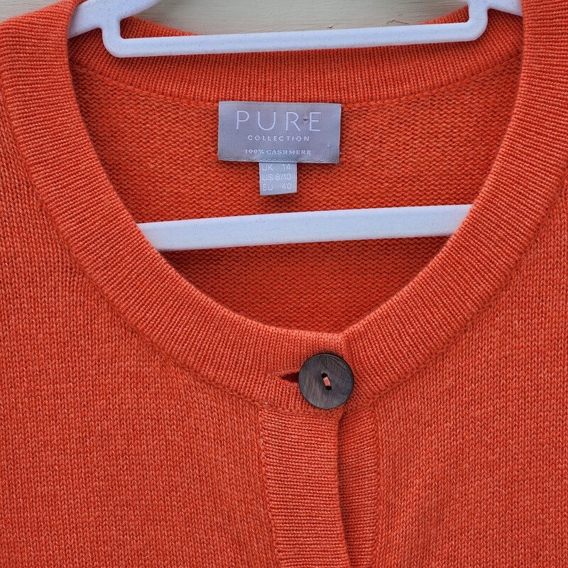 Pure Color Cashmere Tangerine Button Down Cardigan Size 8/10 US - 14 UK - EU 40<br />
Pit to Pit 19 inches across<br />
Pit down Sleeve 17.5 inches<br />
Waist 18.5 inches across<br />
down the back 23.5 inches<br />
EUC<br />
Retail $600
