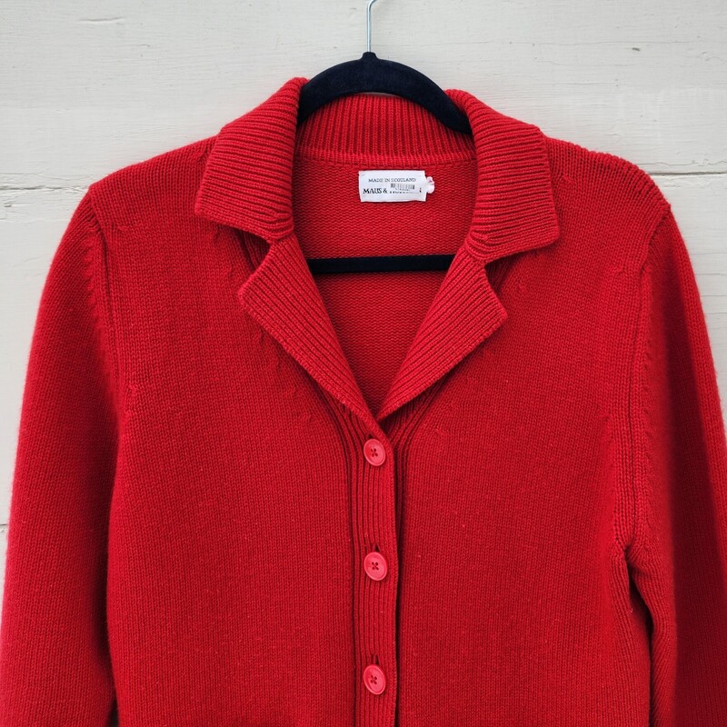Maus & Hoffman Red Cashmere Button Down Cardigan Size M<br />
made in Scotland<br />
Pit to Pit 19 inches across<br />
Pit down sleeve 16 inches<br />
Waist 17 inches across<br />
Down the back 23.5 inches<br />
EUC<br />
Retail $695
