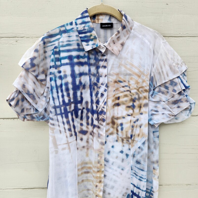 Akris Sheer Blouse Layered Short Sleeves Blouse Size 10 US<br />
Off white cotton Blouse with Blue and Tan abstract design<br />
Hidden front button down<br />
Pit to Pit 20 inches<br />
Pit down sleeve 4 inches<br />
Waist 19.5 inches across<br />
Down the back 25 inches<br />
EUC<br />
Retail $1200