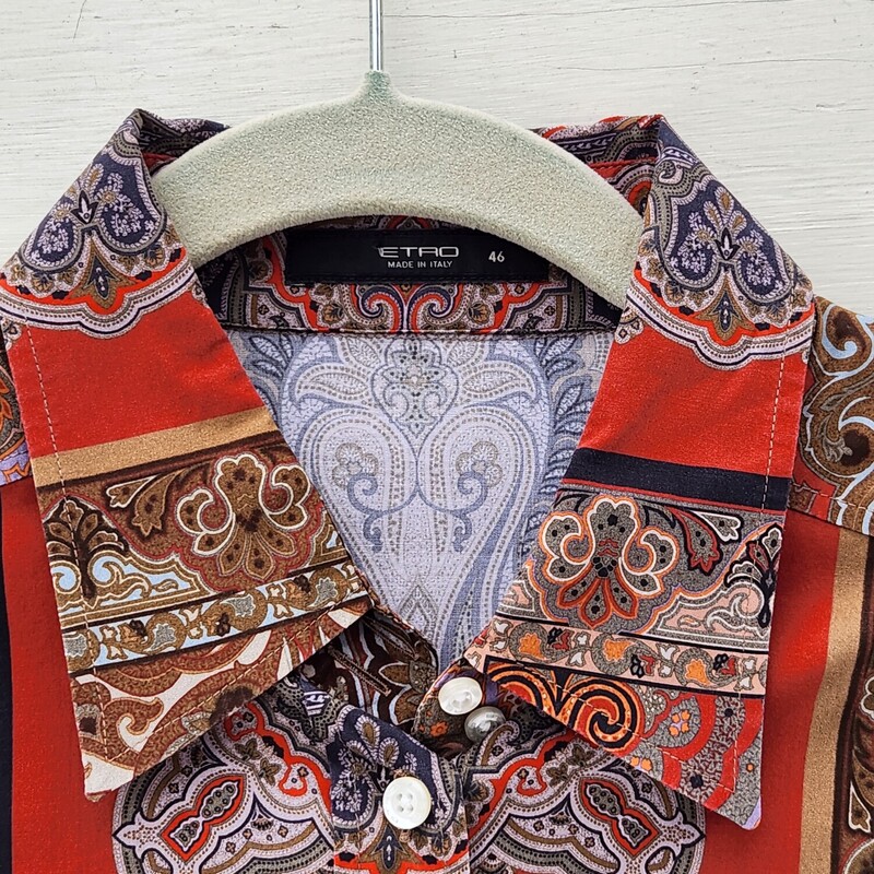 Etro Colored Block Paisley Dress Shirt Size 46<br />
46 is roughly us 10<br />
Pit to Pit 20 inches across<br />
Pit down sleeve 20 inches<br />
Waist 18.5 inches across<br />
Hip 21.5 inches across<br />
Down the back 28.75 inches<br />
EUC<br />
Retail $960