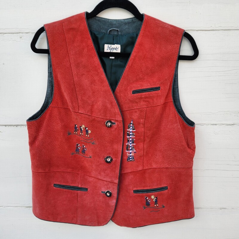 Vintage Kippie red suede vest<br />
Vintage Women's Red Suede Leather Vest/Gilet with embroidery. Brand: Kippie Company. Size: 12 GB which is a US 10<br />
Pit to Pit 20 inches across<br />
waist 19 inches across - down the back 21 inches<br />
Material: 100% Genuine Leather (Suede), Lining: 100% polyester. High Quality leather. Color: red, green. The color of red may differ a little bit from screen settings or camera. Lined. Buttons closure. Two small pockets. Nice embroidery front and back.<br />
 SHOWS SOME WEAR